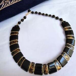 Vintage German Black Glass Bead Choker Necklace Gold Color Filigree 16 Inch